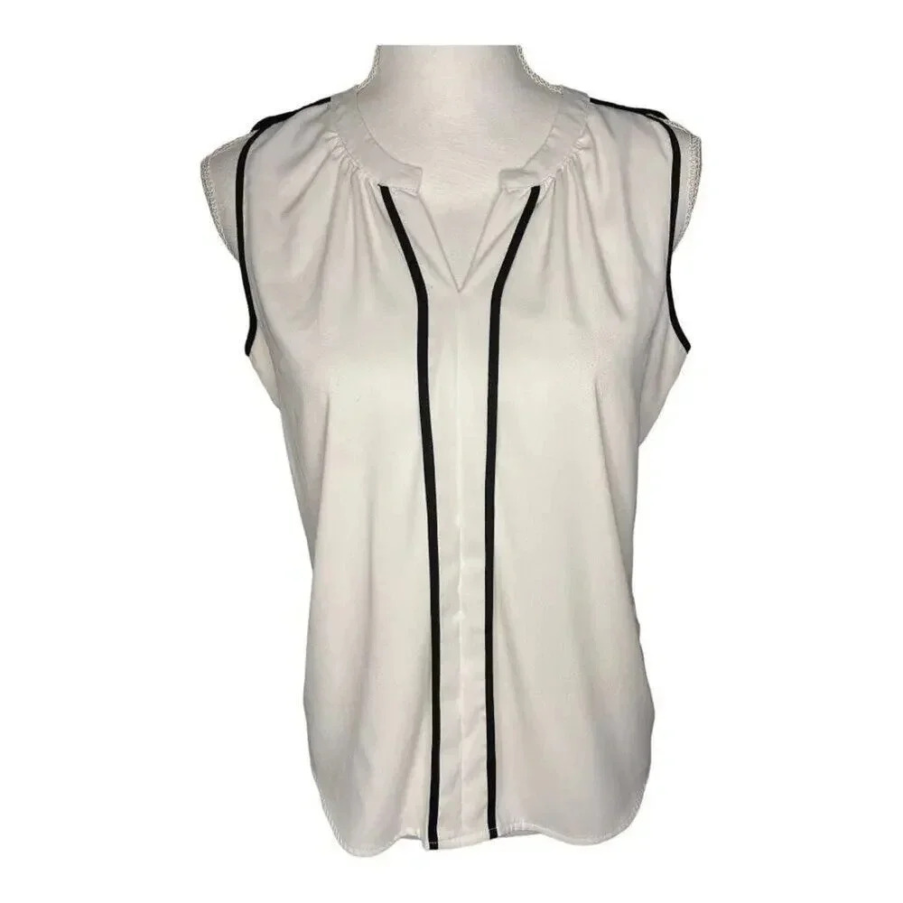 Calvin Klein Women’s Small Piped Woven White & Black Blouse